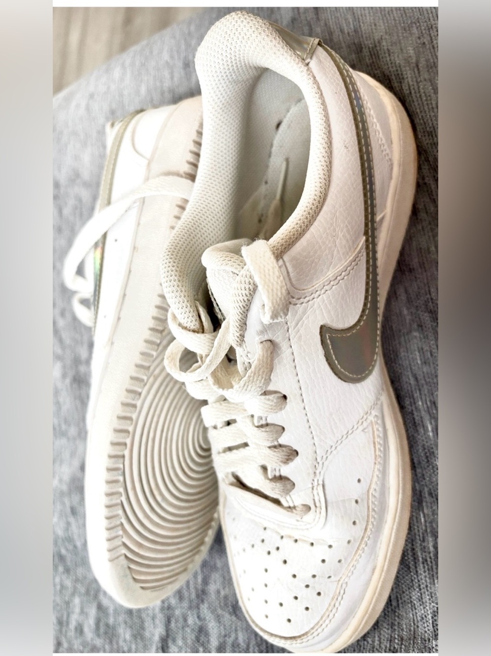 Women’s Nike White Leather Court Vision Low with Iridescent Swoosh size 9